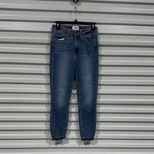 PAIGE Medium Blue Cropped Ankle Jeans with Raw Hem